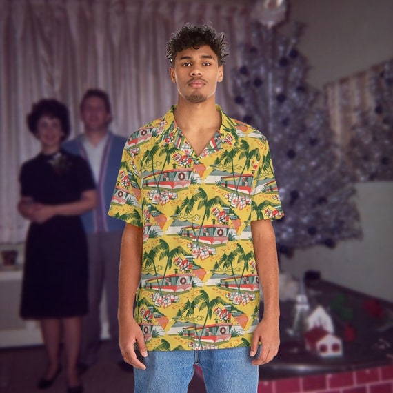 Retro Trailer Park Santa Men's Hawaiian Shirt Mid Century Modern Tropical for your Tiki Christmas Party or MCM Holiday life.