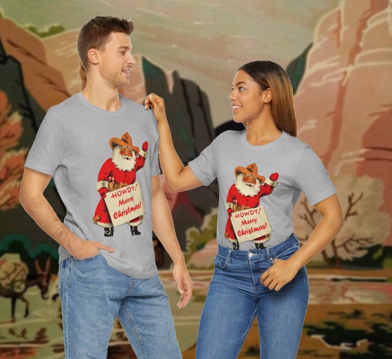 Retro Western Cowboy Santa Claus Tee Shirt / Season's Greetings from the 1940's in this Bella+Canvas Christmas t-shirt