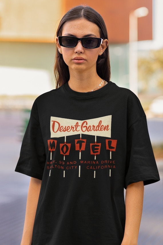 Retro MCM Desert Garden Motel in Salton City CA on a Unisex Jersey Short Sleeve Bella+Canvas Tee Shirt for the Mid Century Modern 50s vibe
