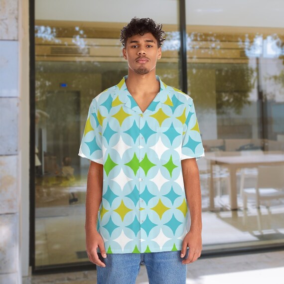 Retro Blue Green and White Mid Century Modern Pattern Men's Hawaiian Shirt with 1950s MCM Design For Tiki Bar Night.