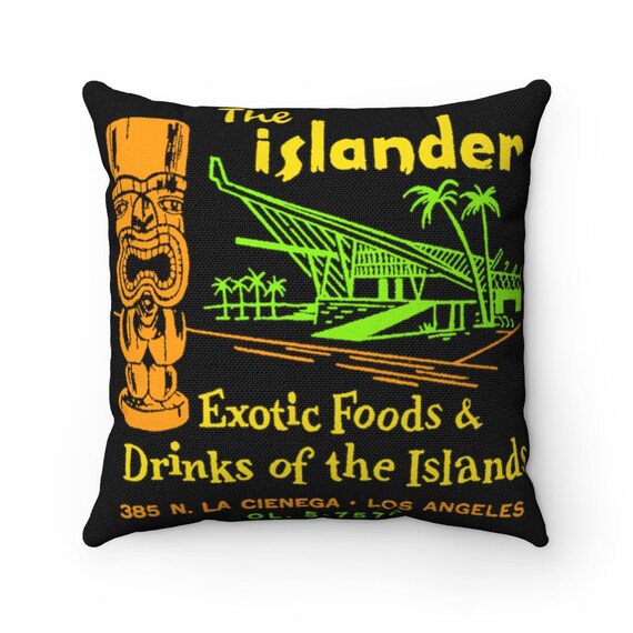 Retro Tiki Bar THE ISLANDER on Spun Polyester Square Pillow Case, Tropical Mid Century Modern in 5 Sizes