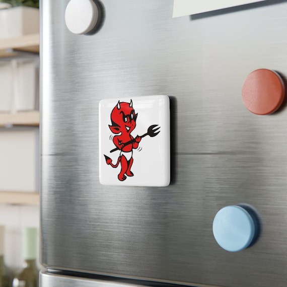 Retro Lil' Devil Tattoo Art Porcelain Magnet, Square / Satan with his Pitchfork on your Fridge!