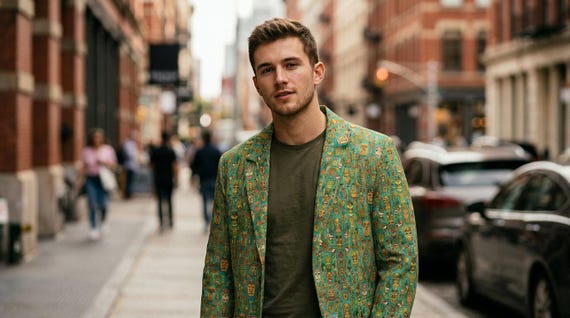 Retro Tiki Head Cotton Blazer: Mid Century Modern Print