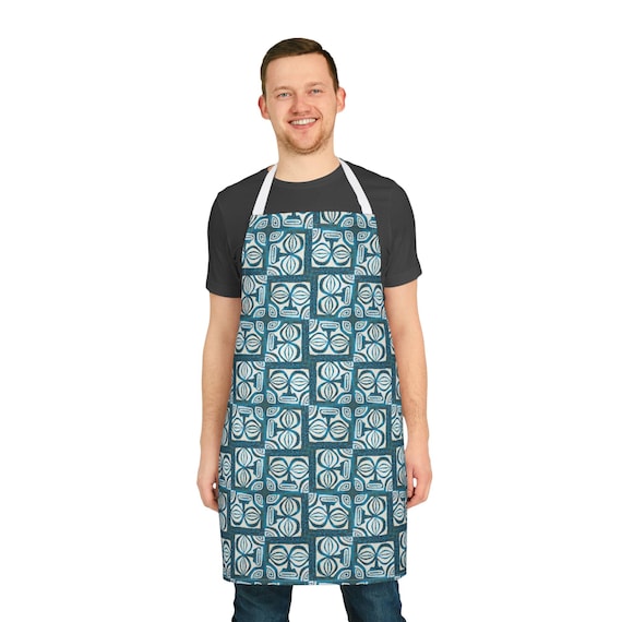 Retro Blue Tiki Head Pattern Apron | Mid Century Tropical Kitchen