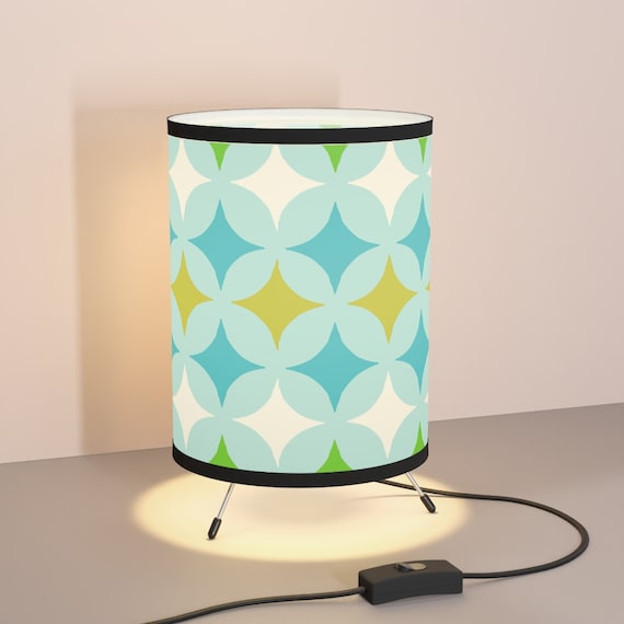Retro Mid Century Modern Blue Green Tripod Lamp with High-Res Printed Shade, US/CA plug MCM Design
