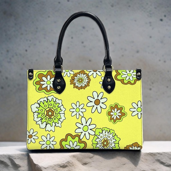 Retro Flower Power Handbag Vintage 70s Daisy Purse Mid Century Mod Tote Crossbody Bag White or Black Straps