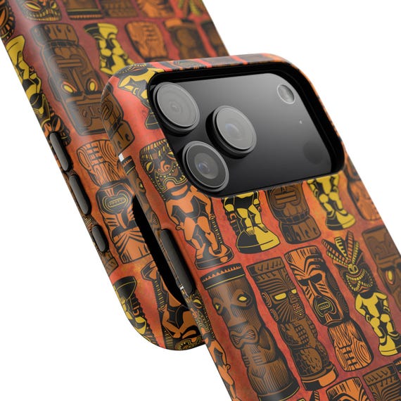 Phone Case, Retro Tiki Idol Pattern Impact-Resistant Cover, MCM Design, including iPhone 17 Models