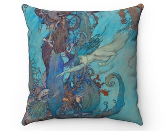Aquarelle d'Edmund Dulac Art nouveau sur une taie d'oreiller carrée en polyester filé, La Petite Sirène
