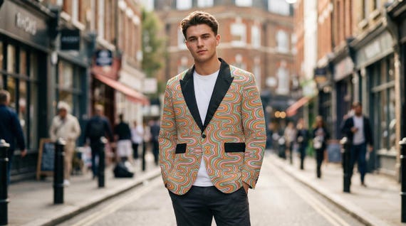 Retro 70's psychedelic Men's Casual Flat Lapel Collar Blazer. Coctails or Disco Down