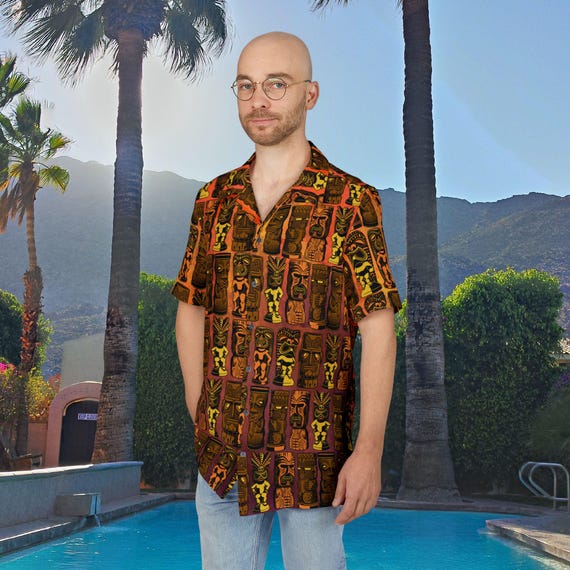 Men's Hawaiian Shirt, Retro Tiki Gods Orange Button-Down, Mid Century Modern Tropical, Tiki Party Outfit, Hawaiian Shirt with Pocket, Unisex
