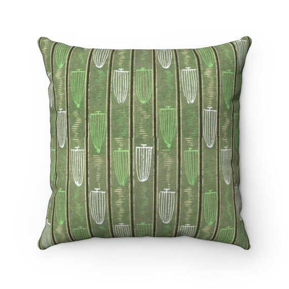 Retro Green Print Pattern Shima-Shima (1904) by Furuya Korin Spun Polyester Square Pillow Case