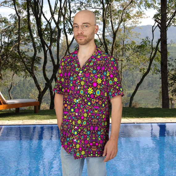 Dayglow Flower Explosion Hawaiian Shirt, Floral Party Classic, Festive Aloha Beach Top, Men Women Tropical Button-Down, Bright Summer