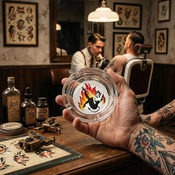 Retro Tattoo Art Devil Doll Glass Ashtray | Vintage Pinup Devil Girl Ash Tray | Tiki Bar Decor | MCM Catchall Tray | Rockabilly Gift