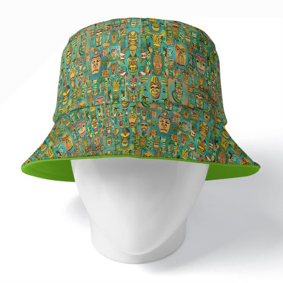 Retro Tiki Heads Green Bucket Hat: Mid-Century Modern Beach Accessory