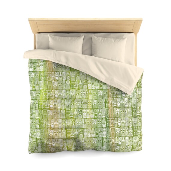 Retro TIKI  Microfiber Duvet Cover GREEN and WHITE, retro Tropical mid century modern lifestyle, Two Sizes