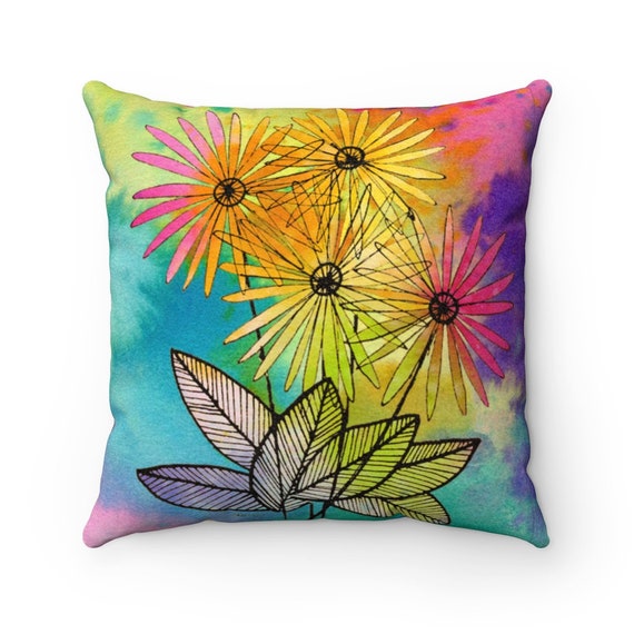 Retro 60's Watercolor Flowers Color Explosion!  Faux Suede Square Pillow Case / Perfect for 1960s Floral Bohemian Decor