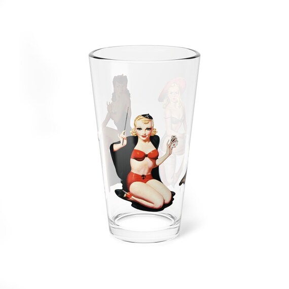 Retro Classic "TROUBLE" PinUps on a Pint Glass, 16oz, Retro 1940's Cheesecake, 3 on a glass, perfect gift for Pin up and Burlesque