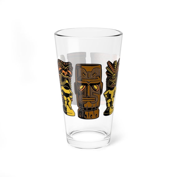 Retro Tiki Heads Pint Glass, 16oz, Tropical Midcentury Modern for your Tiki Bar and Tiki Drink lifestyle