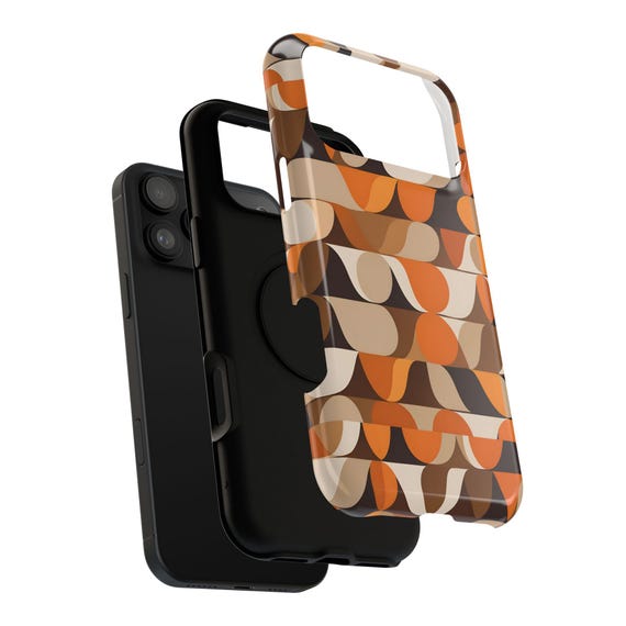 Phone Case, 60's Brown and Orange Abstract Pattern Retro MCM Design, Protective Cover, includes iPhone 17 Models