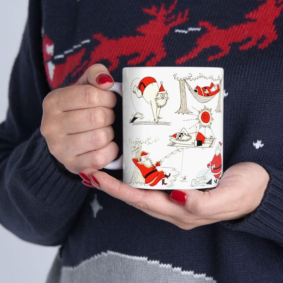 Whimsical Retro MCM Lazy Santa Ceramic Mug - Holiday Coffee Cup for Christmas Cheer, Gift for Kids,  Festive Drinkware