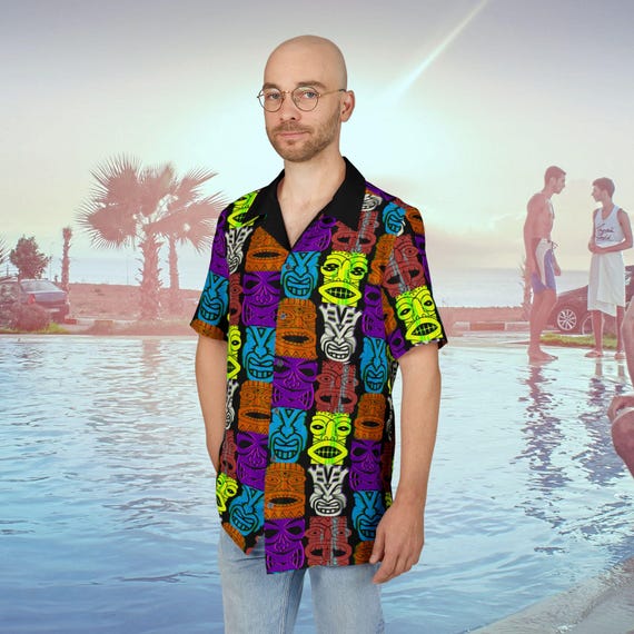 Men's Hawaiian Shirt, Retro Tiki Heads, 1950s MCM Design, Tiki Parties, Beach, Retro Tiki Bar fun, Unisex Hawaiian Shirt,