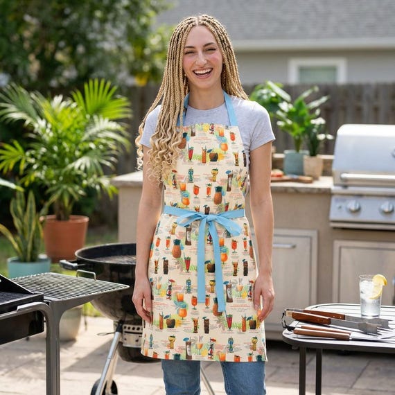 Retro Tiki Drink Menu Tropical Mid Century Kitchen Apron | 5-Color Straps
