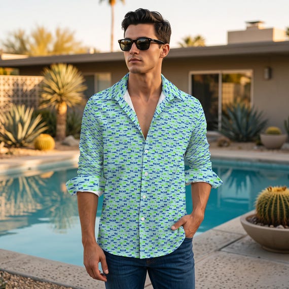 Retro MCM Fish Illustration Men's Faux Linen Long Sleeve Shirt | Mid Century Modern Blue Vintage Style Button Down | Unique Boyfriend Gift