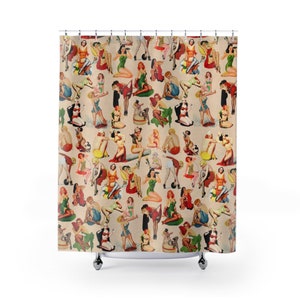 Retro 30&#39;s and 40&#39;s Pin Up Beauties on a  Shower Curtain /71&quot; x 74&quot; / Classic Cheesecake Art