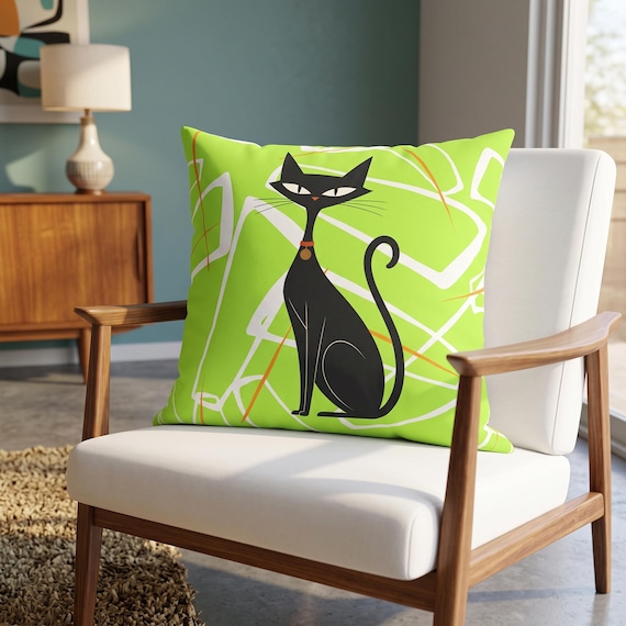 Retro Black Cat Mid Century Modern Pillow | Purr-fect Green Square Throw Pillow