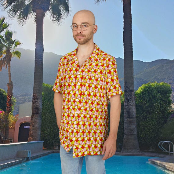 Retro Hawaiian Shirt, Mid Century Modern Men's Button-Down, 1950s MCM Design, Tiki Bar Happy Hour, Unisex Aloha Top, Vintage Orange Red