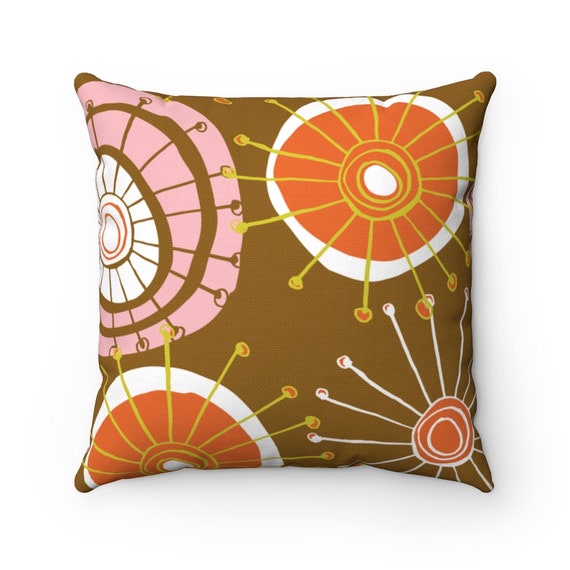 Retro Square Pillow Case, Mid Century Modern inspired BROWN print on Spun Polyester,  4 Sizes!