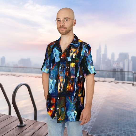 Hawaiian Shirt, Retro Tiki Modernism design, Mid Century Tropical Pattern, Unisex Button-Down, Luau Party, Summer Vacation Outfit, Beach