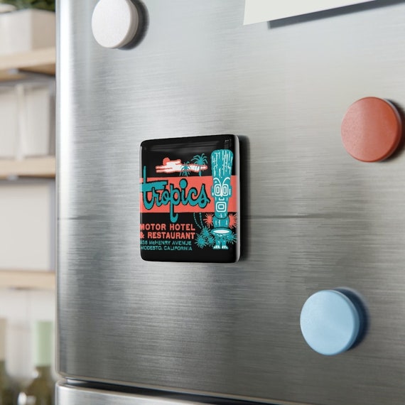 Retro Tiki Tropics Motor Hotel Porcelain Magnet, Square / Mid Century Modern 1950's Tropical Splendor for the Fridge!