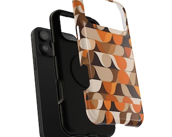 Capa para celular com estampa abstrata retrô em tons de marrom e laranja dos anos 60, estilo MCM (Meados do Século). Capa protetora compatível com os modelos iPhone 17.