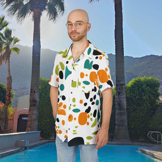 Hawaiian Shirt, Colorful Mid Century Modern Retro Googie 50s Pattern Button-Down, Vintage Hawaiian Shirt, Aloha Shirt, Beach Party Shirt,