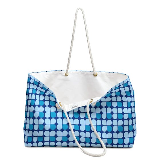 Retro Blue Geometric Weekender Bag: Mid Century Travel Tote