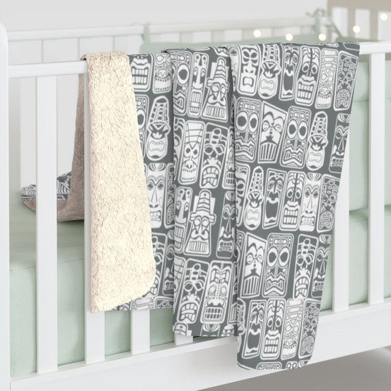 Retro Tiki Mid Century Modern Tropical Grey and White Sherpa Fleece Blanket, 2 sizes