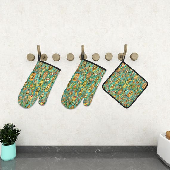 Retro Tiki Kitchen Gift Set – 3pc Oven Mitts & Pot Holder, Fun Mid Century Modern Tropical Cooking Gift