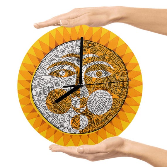 Retro Mayan Calendar Wall Clock: Mid Century Modern Orange & Brown Decor