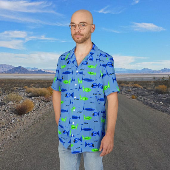 Hawaiian Shirt, Tropical Fish Retro Mid Century Style, Unisex Aloha Top for Tiki Party, Vintage Blue Green MCM, Button-Down Tee, Summer
