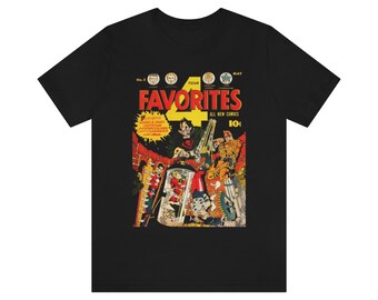 Può includere: Maglietta nera con una copertina di fumetto vintage che presenta un gruppo di supereroi in azione. La copertina è intitolata "Four Favorites" e presenta il numero "4" in un grande carattere grassetto. La copertina del fumetto è su uno sfondo rosso, giallo e nero.