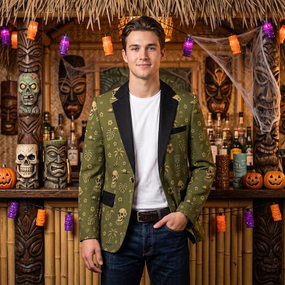 Retro Tiki Skull Men's Halloween Blazer, Green Mid Century Modern Tiki Jacket, Single Button Skull Print Sport Coat, Tiki Party