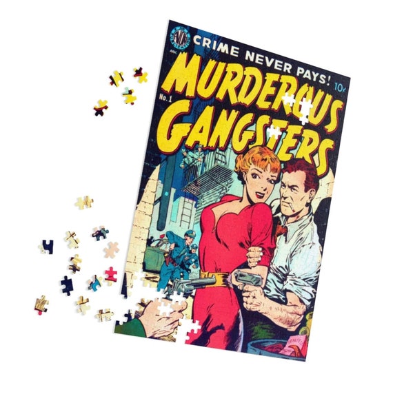 Retro Crime Comic MURDEROUS GANGSTERS cover Jigsaw Puzzle (252, 500 Or 1000-piece) Crime Pulp Comic Cover In A Metal Box!