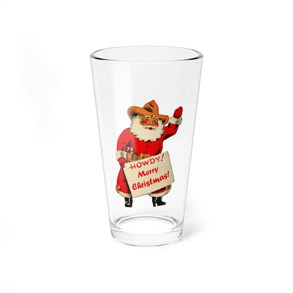 Retro Cowboy Santa Claus Christmas Pint Glass, Holiday Drinkware, Western Xmas Barware, Vintage 50s Christmas Gift, 16oz Mixing Glass