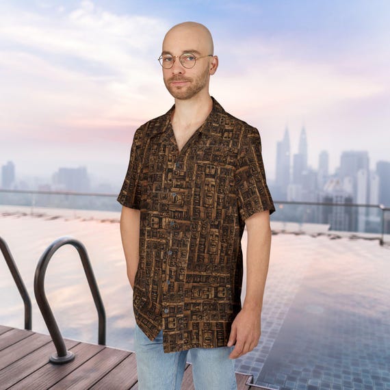 Retro Tiki Hawaiian Shirt, Tiki Bar Lover Gift, Mid Century Modern Button-Down, Tropical MCM Shirt, Vintage Tiki Top, Hawaiian Luau Party