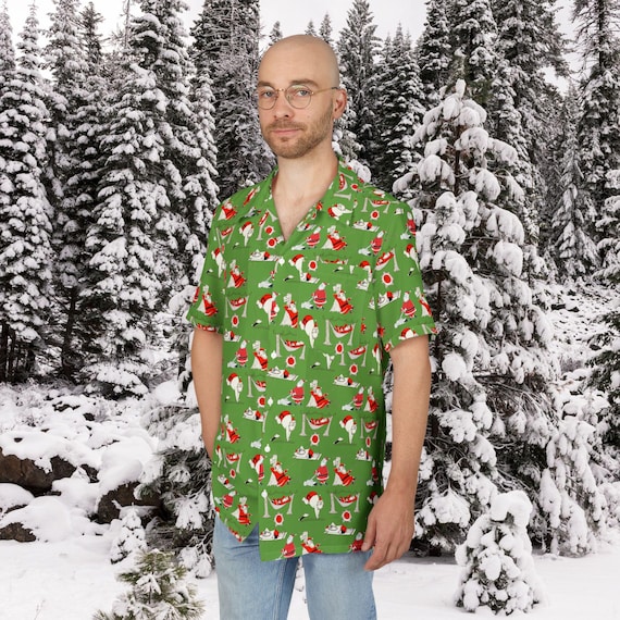 Retro MCM Green Lazy Santa Hawaiian Shirt, Christmas Mid Century Modern Tropical, Tiki Christmas Party, MCM Holiday  Unisex