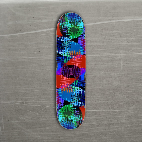 It's a Red Blue and Green and Purple Digi Distressed Skateboard Deck
