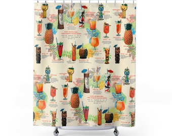 Retro Tiki Drink Menu Shower Curtain: Mid-Century Modern Tropical Design
