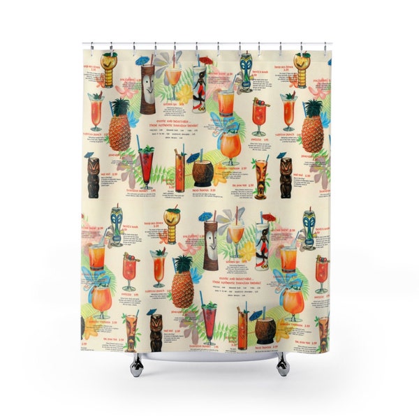 Retro Tiki Drink Menu on Shower Curtain Perfect for the mid century modern tropical lifestyle, 50s vintage design.