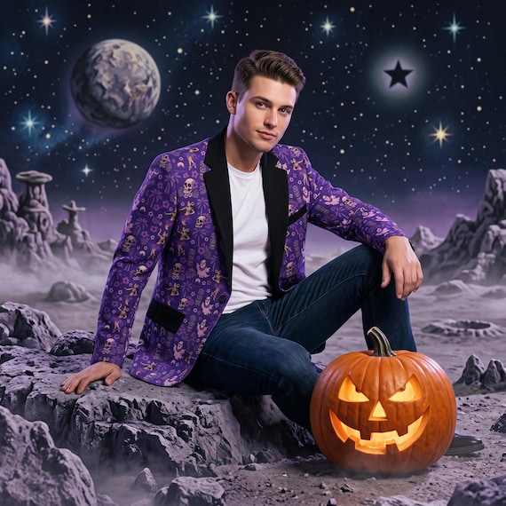 Retro Tiki Ghost Skull Men's Halloween Blazer, Purple Skull Tiki Jacket, Men's Single Button Party Coat, Gothic Halloween MCM